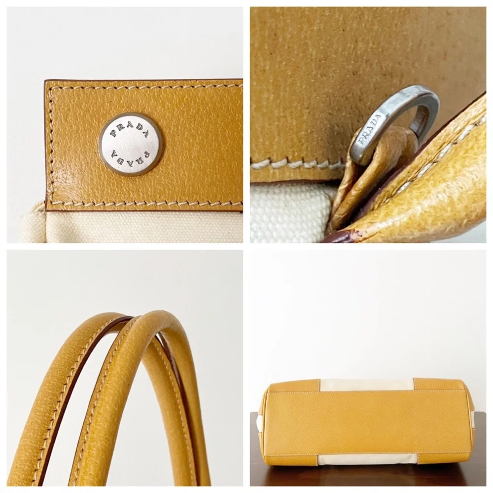 Prada Canapa canvas and orange leather button detail satchel bag